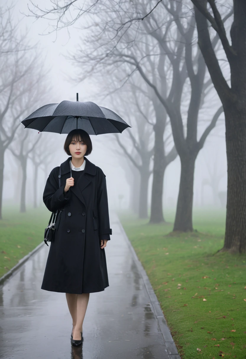 masterpiece, Delicate and perfect quality,rain, in the rain, 1 short Korean Japanese woman, short hair that shows the forehead, black coat, walking through a foggy park, looking at viewer, Full body shot with camera 16-35 wide angle lens