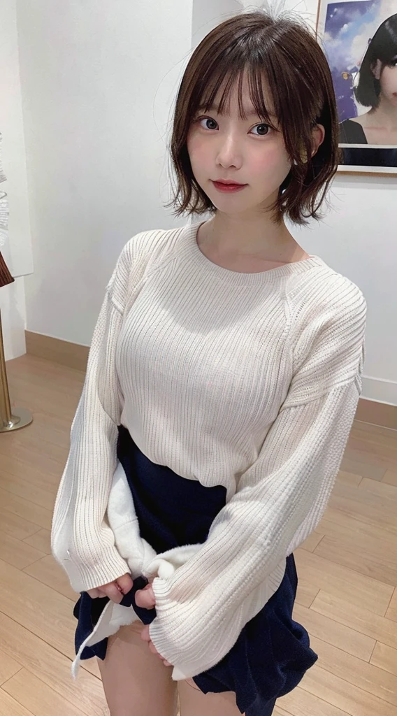 the Extremely Detailed CG Unity 8K Wallpapers、top-quality、ultra-detailliert、masterpiece、realisitic、Photo Real、Very detailed cute lady、20yr old、、((skirt lift by yourself)))、(Lifted by yourself)、white panties、panties focus、red blush、cparted lips、looking at the viewers、Semi-body shot、(Large crowds)、(Crowded museums)、Short bob cut、Facing the front、Beautiful skins