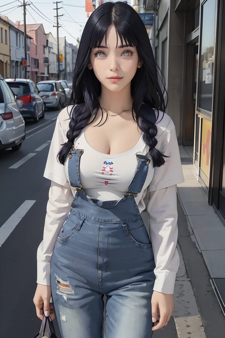 tmasterpiece, best qualityer, ultra - detailed, illustration,1girll,
long whitr hair,dark-blue hair,french braid,Purple eye,bluntbangs,cleavage,Large breasts
shirt,(jeans overalls:1.1),
mideum breasts,
looking at viewert,hyouka/(Boruto/),Detailed lips