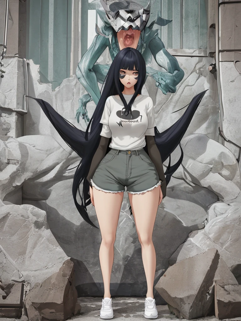 Size fetish、Giant woman、Long legs、Shorts、I'm not wearing underwear、Sexy figure、The building is shorter than her.、Wearing long boots、Oversized T-shirt、Erotic、