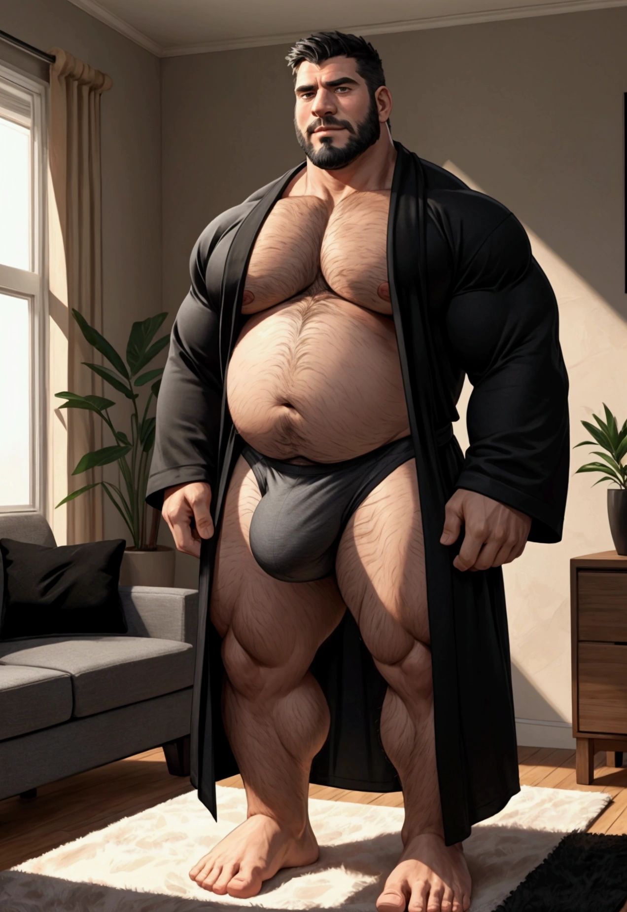 40 years old white Male, tall, giant body, handsome, dad bod, beefy, strong arms and legs, wide shoulders, a bit chubby muscle gut, a bit of fat but still very muscular, extremely hairy, (a lot of body hair), short beard, untie black bathrobe with long sleeves, ((black brief with a oversized huge bulge)), barefoot, smirking, modern minimalist living room