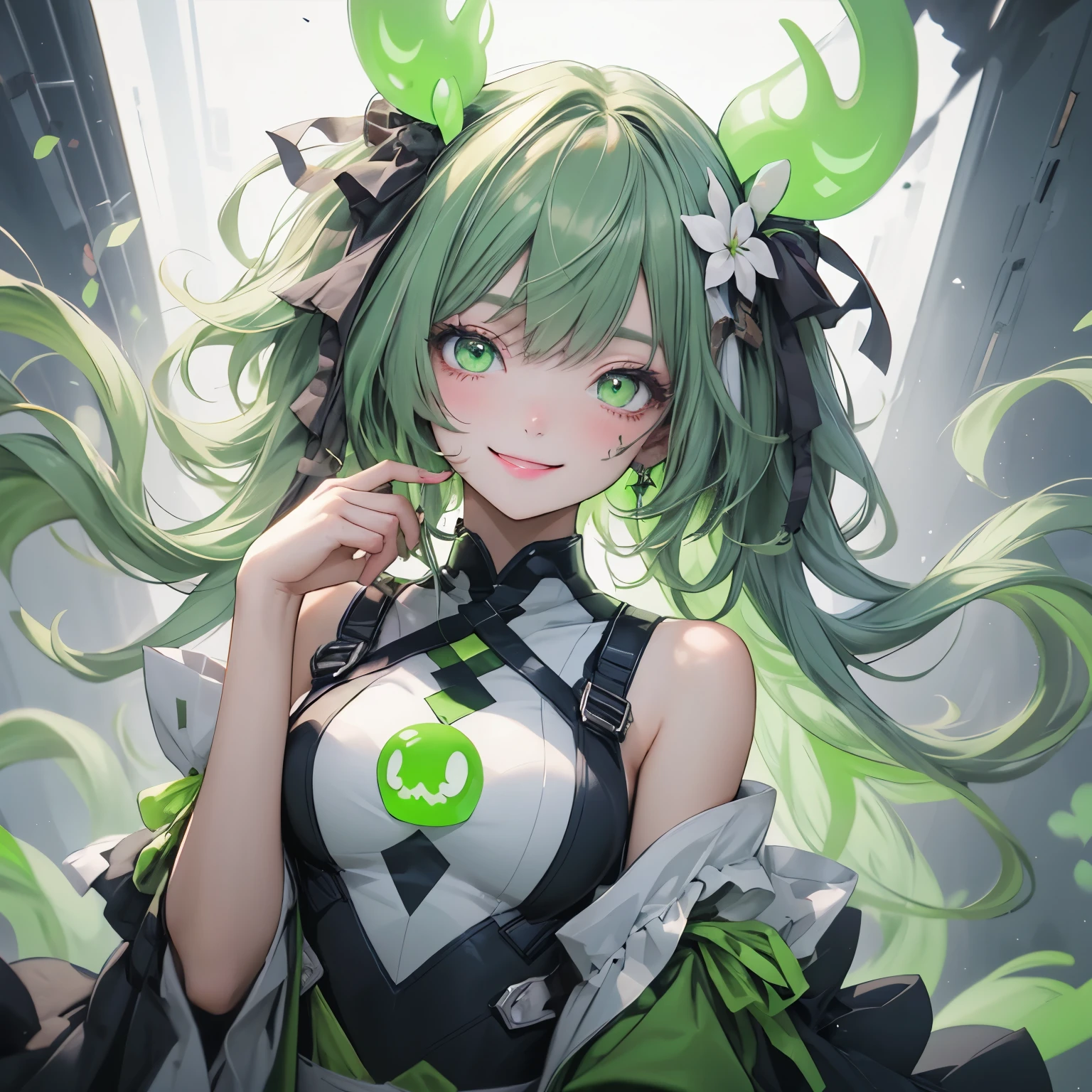 (masterpiece), Highest quality, Ultra-high resolution,Fluorescent green ribbon、Fluorescent green hair、Fluorescent green eyes、fluorescent green clothes、smile、Eat green jelly