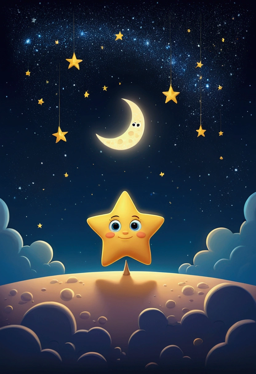 A bright little star in the night sky, surrounded by other stars and the moon. Cartoon, pixar style.