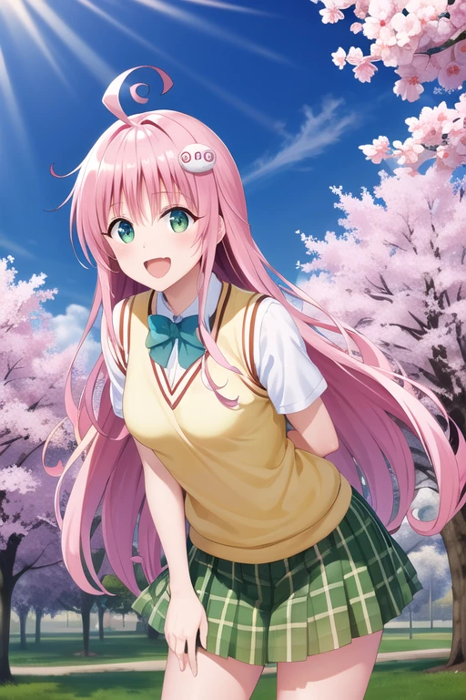 masterpiece, Highest quality, High resolution, anxiety, Long Hair, Ahoge, hair ornaments, Green Eyes, chest, , Green bow tie, Collared shirt, White shirt, Sweater vest, Big ,Yellow vest, Short sleeve, Checked skirt, Green Skirt, Put your arms behind your back, Leaning forward, Are standing, Outdoor, smile, Open your mouth, cherry blossoms,