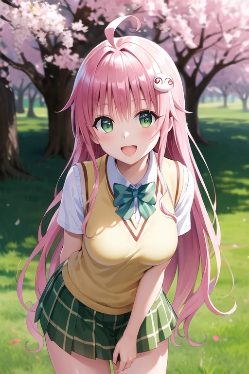 masterpiece, Highest quality, High resolution, anxiety, Long Hair, Ahoge, hair ornaments, Green Eyes, chest, , Green bow tie, Collared shirt, White shirt, Sweater vest, Big ,Yellow vest, Short sleeve, Checked skirt, Green Skirt, Put your arms behind your back, Leaning forward, Are standing, Outdoor, smile, Open your mouth, cherry blossoms,