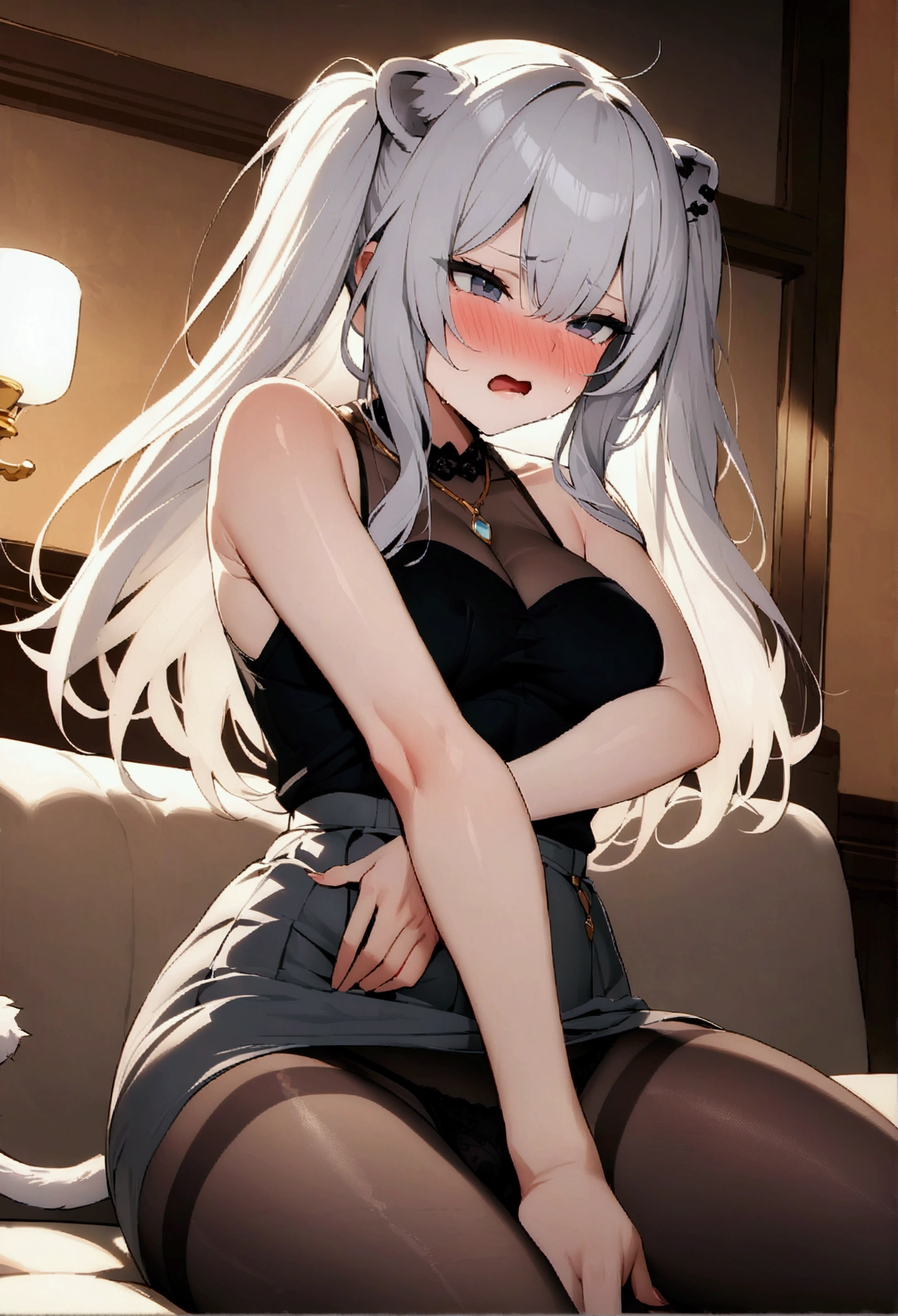 NSFW,masterpiece,Highest quality,High resolution,Super detailed,Shishirabotan\(Hololive\),Long Hair、Two Side Up、Earrings、Lion's Tail,necklace、Black Shirt、Sleeveless shirt、abdomen、See-through、Grey Skirt、片足pantyhose、pantyhose、Off the shoulder,Black sexy panties,Embarrassed,blush,(In heat),Luxurious Room,pub,Private room,sofa,(Drunk),(Intoxication),heart,Sexy pose,Panty shot,(Middle-aged men),(A man puts his hands on her waist and hugs her),(Face-to-face sitting position),(Having sex)