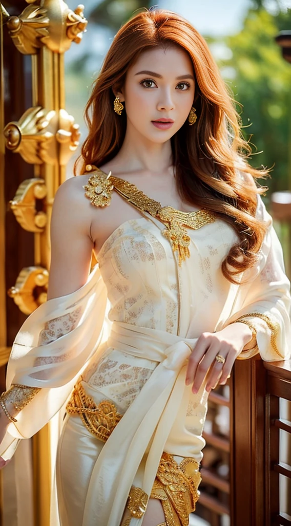 Photorealistic Production, (One Person), (Realistic Image of a 25 Years Old British Female Model), (Shoulder-level Wavy Ginger Hair:1.6), (Athletic Body Builds:1.4), (Pale Skin:1.4), (Wearing a White Ornated Kebaya Dress with Silk Cloth and Golden Jeweleries:1.6), (Serious Face), (Deep Cleavage), (Elegant Pose:1.6), Centered, (Waist-up Shot:1.4), From Front Shot, Insane Details, Intricate Face Detail, Intricate Hand Details, Cinematic Shot and Lighting, Realistic Colors, Masterpiece, Sharp Focus, Ultra Detailed, Taken with DSLR camera, Realistic Photography, Depth of Field, Incredibly Realistic Environment and Scene, Master Composition and Cinematography