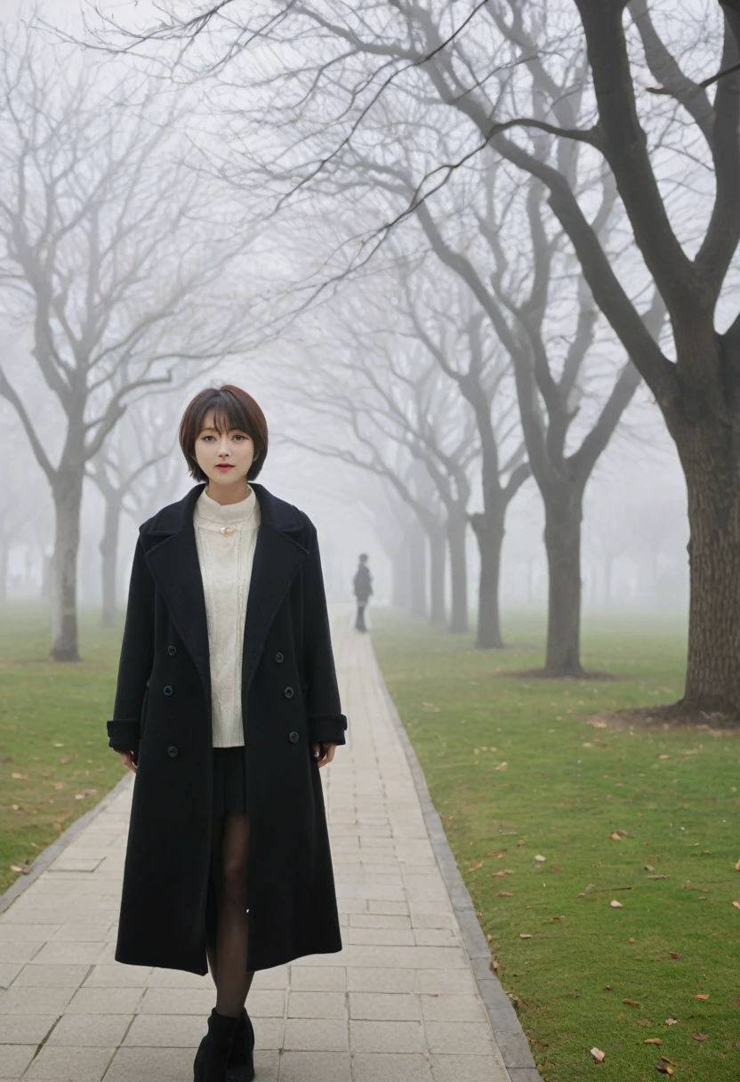 masterpiece, Delicate and perfect quality,Fog, park, 짙은 Fog, 1 short Korean Japanese woman, short hair that shows the forehead, black coat, Fog 낀 park 걷는, looking at viewer, Full body shot with camera 16-35 wide angle lens