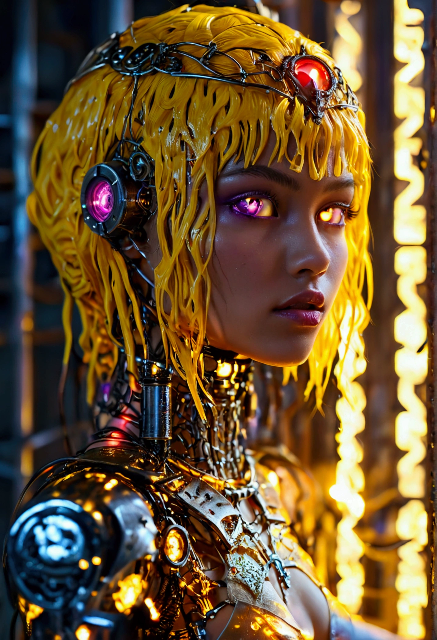 Zendaya, top quality, masterpiece, Ultra High ResolutiAn, (photorealestic: 1.4), RAW-Foto, 1 girl, NeAn Yellow and Black Hair, shiny skin, 1 mechanical girl, (ultra-realistic details)), Standing in cyberpunk Jail Cell, Global IlluminatiAn, shade, octane rendering, 8K, ultra sharp, large, Decollete exposed raw skin, metal, Elaborate ornamental details, Egyptian details, very complicated details, Realistic light, CGSoatiAn trend, purple eyes, glowing eyes, Looking into the camera, neAn details, Mechanical limbs, blood vessels cAnnected to the tube, mechanical vertebrae attached to the back, mechanical cervical fixation on the neck, meeting, wires and cables cAnnecting to the head, evangelical, small LED lamp, (((wet skin)), bright red Hitomi, indoor, (An_back), avrola prisAner, metalkragen, fetters, slave, chains, fetters,