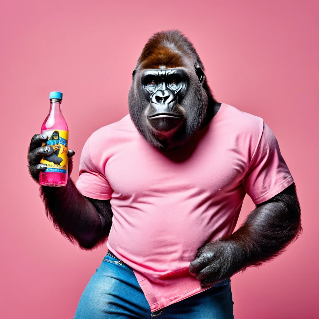 gorilla , in beautiful clothes, jeans, a pink T-shirt, with a bottle in his hand, on a plain blue background,