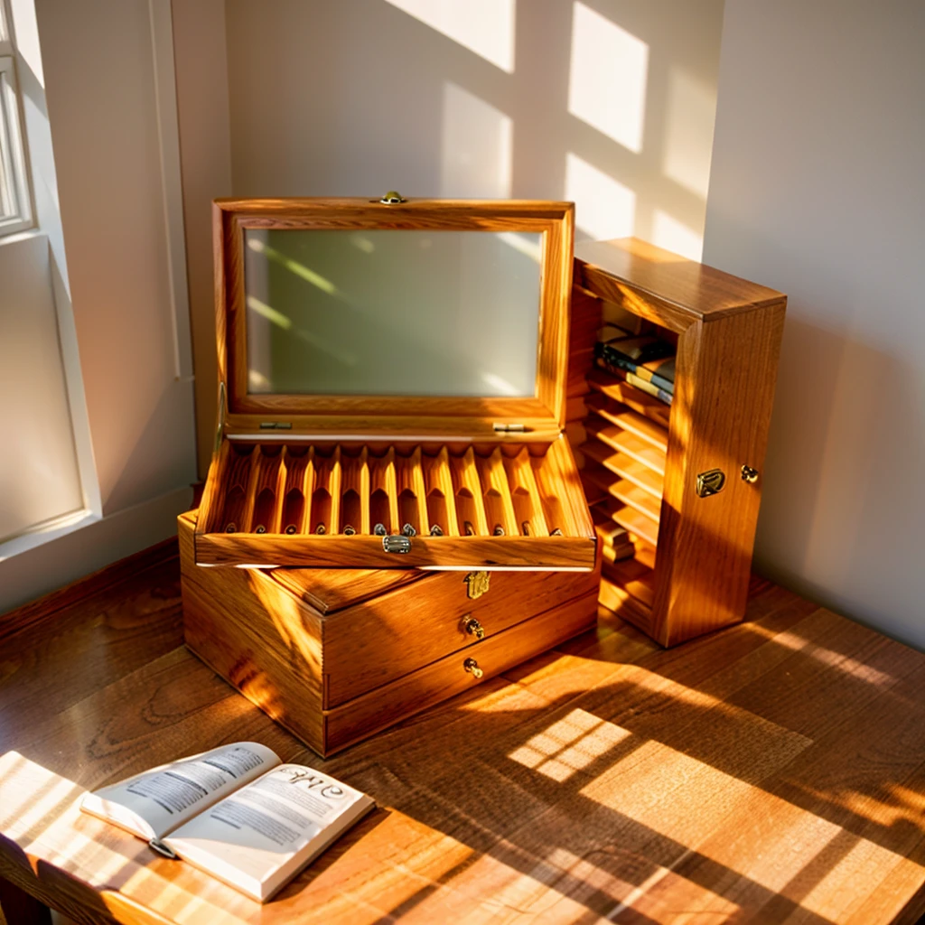 In this cozy room,A ray of sunlight shone through the half-drawn curtains on the table,Let the wood grain on the watch storage box shine with a faint luster。There was a calm and peaceful atmosphere in the air around them。There are several still lifes hanging on the walls of the room,It adds a touch of elegance to the space。And on the other side of the room,The half-open window lets in the breeze,The pages on the small desk by the window turned in the wind,This quiet scene gives a sense of tranquility and comfort。