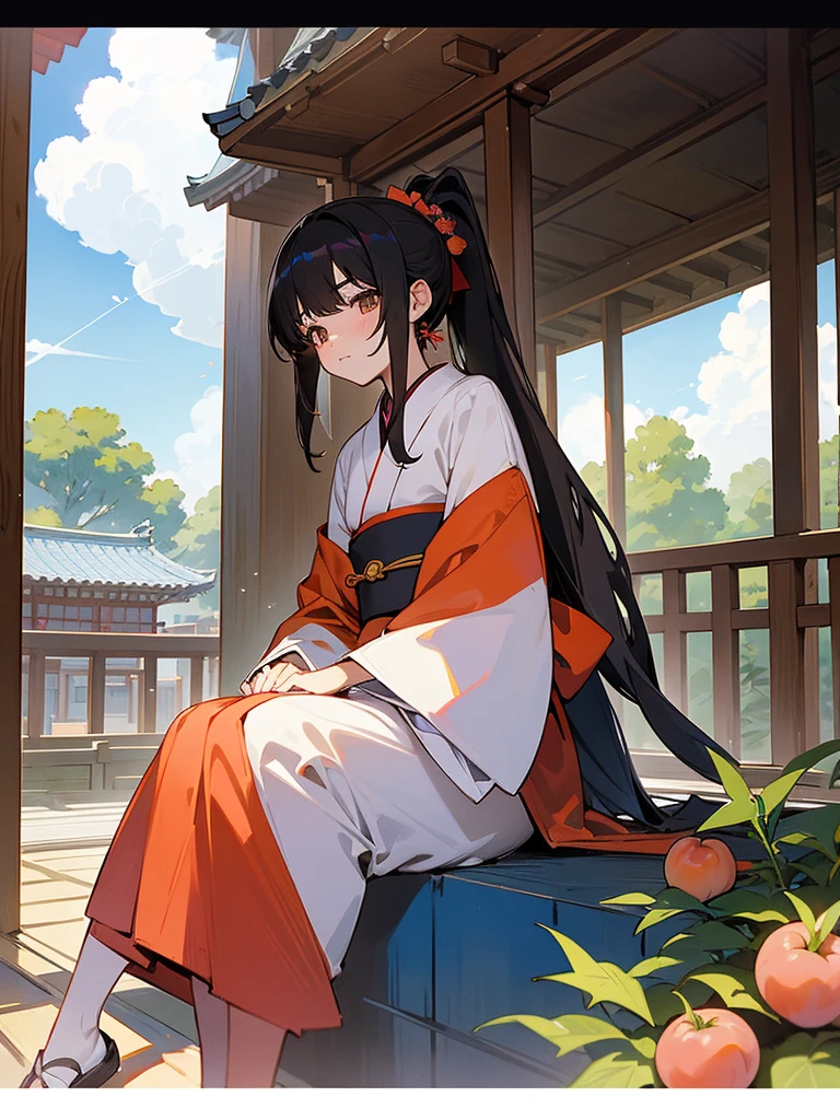 Anime illustration、masterpiece、high quality、14Year old girl、Long black hair ponytail、Eye colour: Light brown、The clothes are short indigo-dyed kimonos.、Wearing a red sash、Sitting on the veranda of a Japanese-style house、Next to it is a basket full of peaches.、In the background there is a tree bearing peaches.、The season is summer daytime、White clouds in the blue sky、