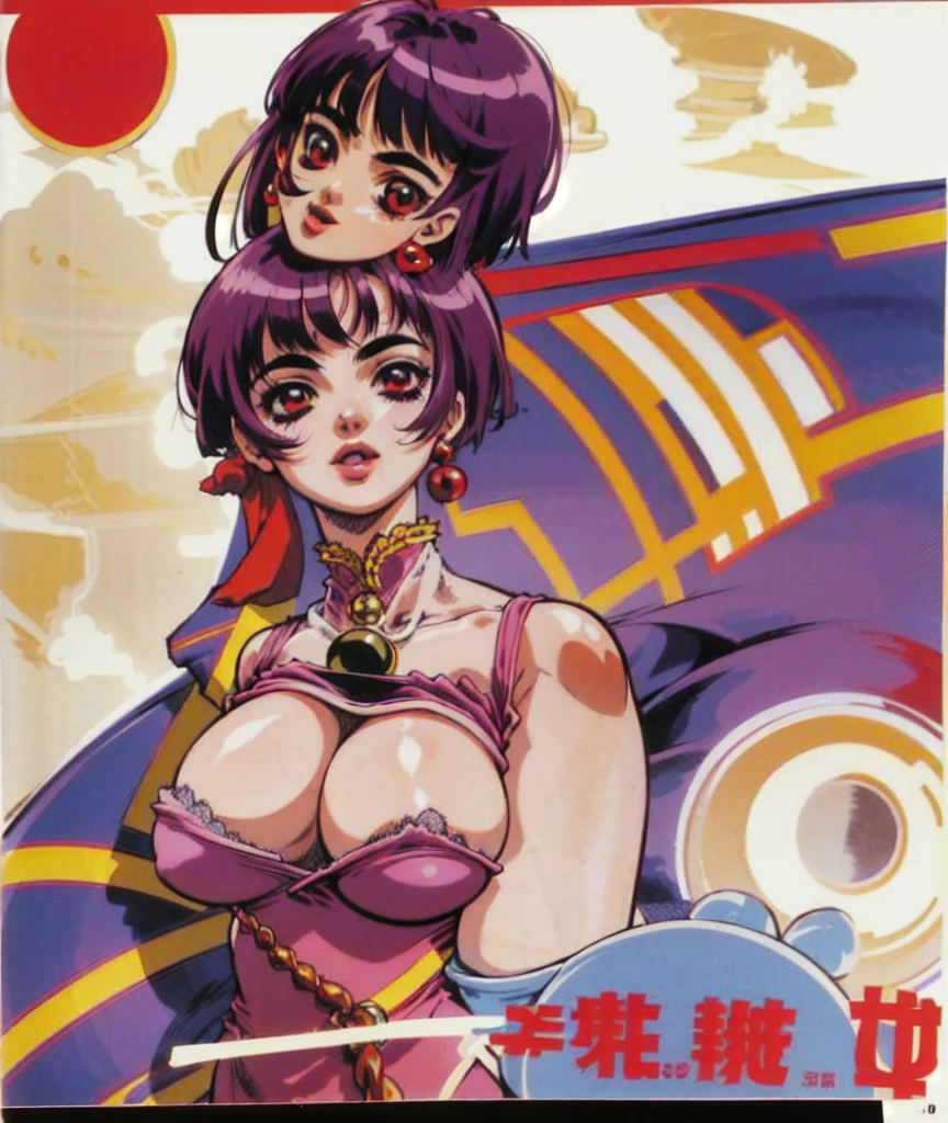 1girl, masterpiece, best quality, best anatomy, detailed eyes, beautiful eyes, best shadow, ultra detailed, meifon, (huge breasts:1.5), short_hair, open_mouth, bangs, red_eyes, jewelry, purple_hair, earrings, choker, nail_polish, makeup, lipstick, purple chinese dress, tight dress, skin tight ,