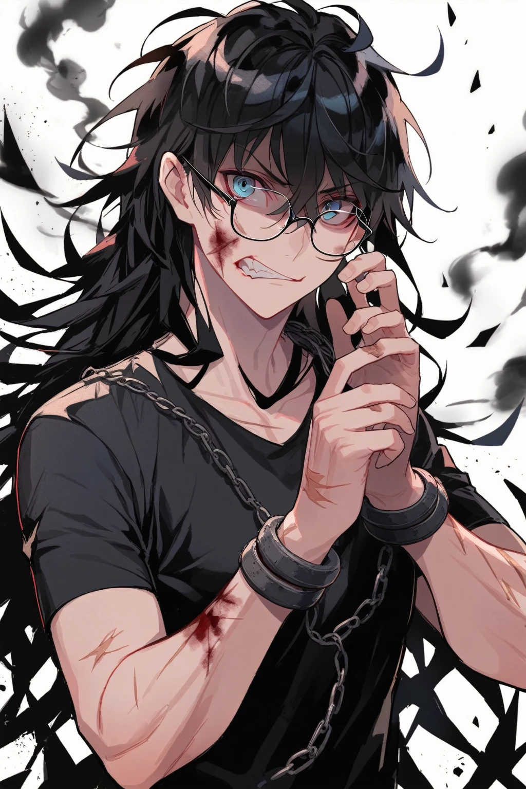 1 guy, blue eyes, black hair, wears glasses, a lot of scars on his face, long hair disheveled, male build, looks at the viewer, upper body, angry face, rage, smoke, dressed in a black T-shirt, chains on his hands, black pants, black background, blood on clothes, blood on cheek, shadowed face, detailed, beautiful, delicate tones