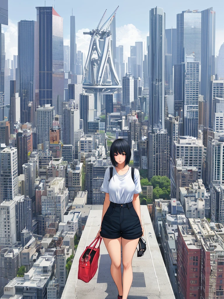 Size fetish、The background is the city、A giant girl in the city、Long legs、Shorts、I&#39;m not wearing underwear、Sexy figure、The building is shorter than her.、Wearing long boots、Oversized T-shirt、Erotic、