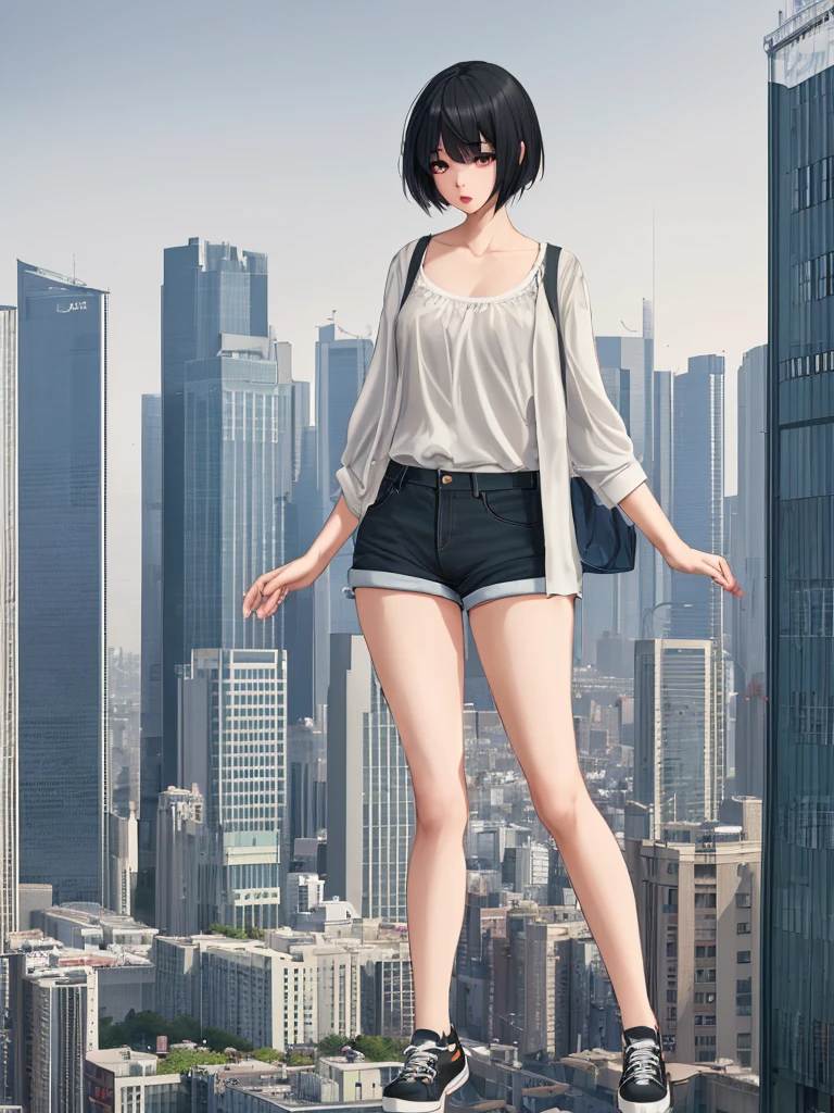 Size fetish、The background is the city、A giant girl in the city、Long legs、Shorts、I&#39;m not wearing underwear、Sexy figure、The building is shorter than her.、Wearing long boots、Oversized T-shirt、Erotic、