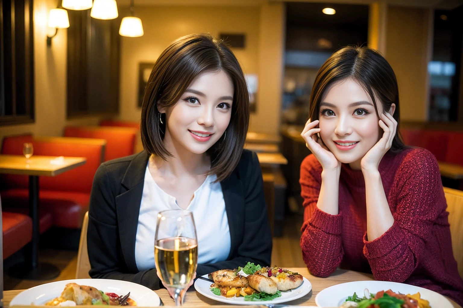 ((Highest quality、8K、masterpiece:1.3))、Shortcuts、cute、slimカップル、modelカップル、actress男優、(Realistic, Intricate details:1.2), full-course dinner、Wine Party、Amazing view of the sunset sky and clouds、A bright smile、short hair,Bright Face、 (Age 45), 42 years old, red wine 、Appetizers、Italian food、Wine bottle、Champagne、sparkling wine、Two beauties、Brown Hair、Shortcuts、Long sleeve shirt、dress、Beautiful woman 1, (slimな顔), (The body is slim), (Brown Hair), (Shortcuts), cheeks turn a little red,Attractive beauty、restaurant, In a prominent place (From the waist up) Nova Frog Style, actress, model, Upper Body, White wine, slim, wine glass, 中央に置かれたwine glass, smile, (smile: 1.15), Beautiful fine grain, Depth f/2,saturation, High Contrast, Strong light and shadow,Moist Body:1.5、3D texture、Delicate eyes、Brown Hair、The hair is very shiny、