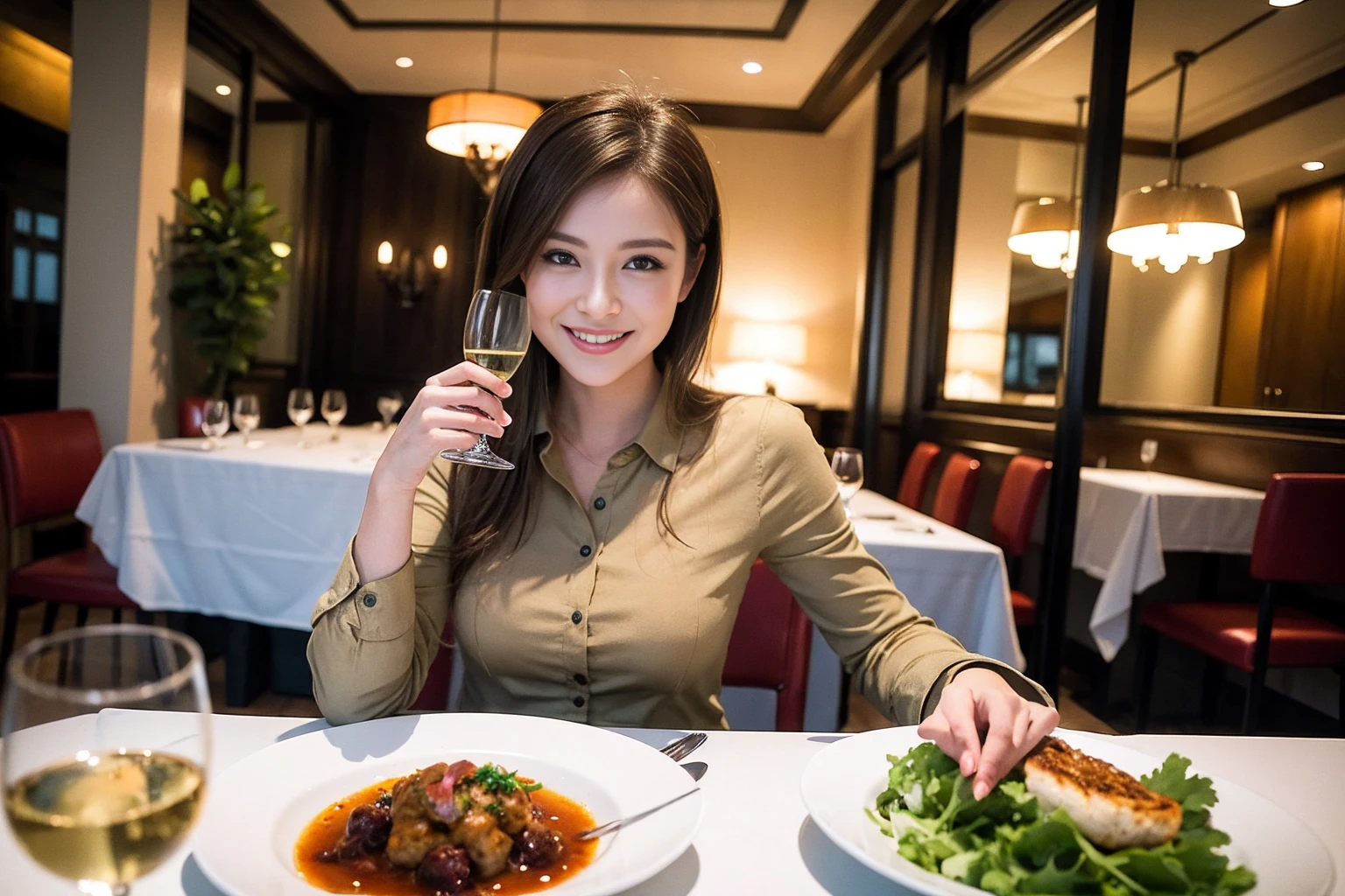 ((Highest quality、8K、masterpiece:1.3))、Shortcuts、cute、slimカップル、modelカップル、actress男優、(Realistic, Intricate details:1.2), full-course dinner、Wine Party、Amazing view of the sunset sky and clouds、A bright smile、short hair,Bright Face、 (Age 45), 42 years old, red wine 、Appetizers、Italian food、Wine bottle、Champagne、sparkling wine、Two beauties、Brown Hair、Shortcuts、Long sleeve shirt、dress、Beautiful woman 1, (slimな顔), (The body is slim), (Brown Hair), (Shortcuts), cheeks turn a little red,Attractive beauty、restaurant, In a prominent place (From the waist up) Nova Frog Style, actress, model, Upper Body, White wine, slim, wine glass, 中央に置かれたwine glass, smile, (smile: 1.15), Beautiful fine grain, Depth f/2,saturation, High Contrast, Strong light and shadow,Moist Body:1.5、3D texture、Delicate eyes、Brown Hair、The hair is very shiny、
