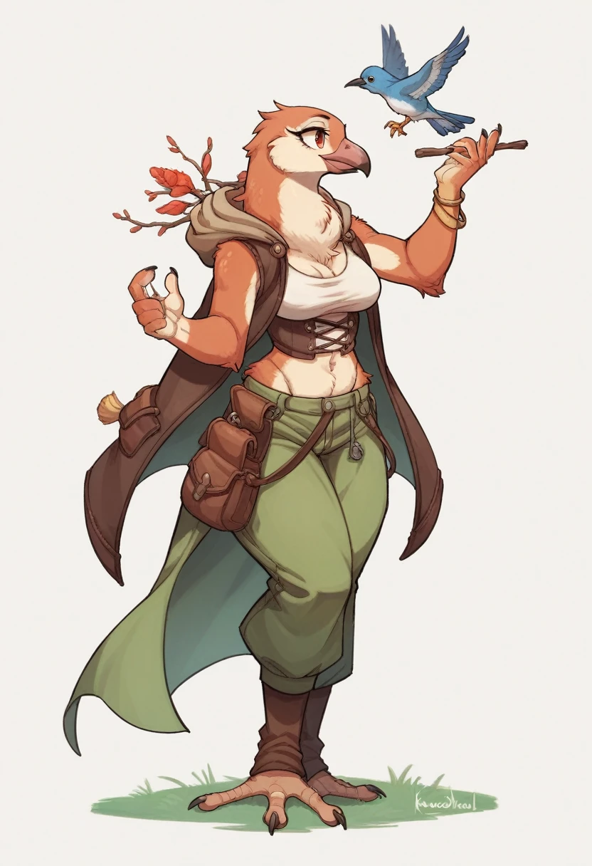 female anthropomorphic bird, Breasts covered and sfw. full body, white background. plays bagpipes. kopf von einem Robin, bird head, SCHNABEL, Robin. portrait
