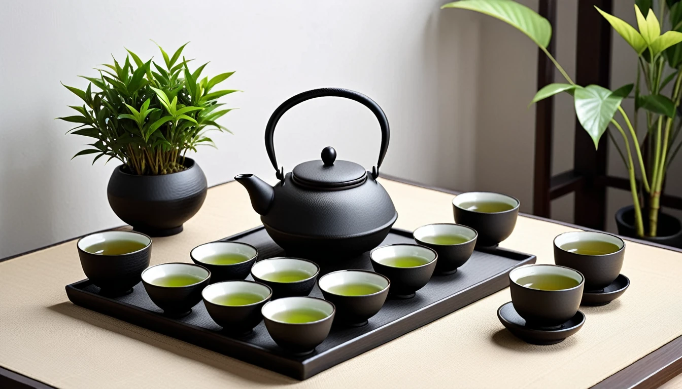 Realistic tea ceremony tea sets，Black cast iron kettle with white ceramic tea set，Small Zen-style green plants arranged according to tea banquet rules，Minimalist style tea ceremony scene，Zen style tea banquet，Elegant Zen state，Cleanse people&#39;s hearts，Black impressionistic thick ink brush strokes background