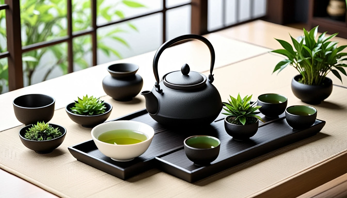 Realistic tea ceremony tea sets，Black cast iron kettle with white ceramic tea set，Small Zen-style green plants arranged according to tea banquet rules，Minimalist style tea ceremony scene，Zen style tea banquet，Elegant Zen state，Cleanse people&#39;s hearts，Black impressionistic thick ink brush strokes background