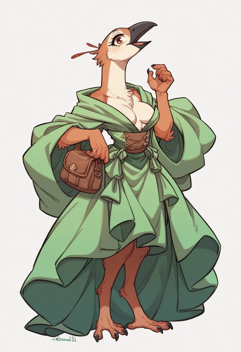 female anthropomorphic bird, Breasts covered and sfw. full body, white background. plays bagpipes. kopf von einem Robin, bird head, SCHNABEL, Robin. portrait