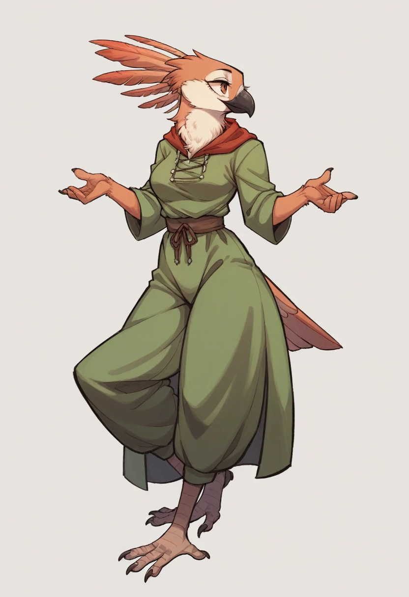 female anthropomorphic bird, Breasts covered and sfw. full body, white background. plays bagpipes. kopf von einem Robin, bird head, SCHNABEL, Robin. portrait