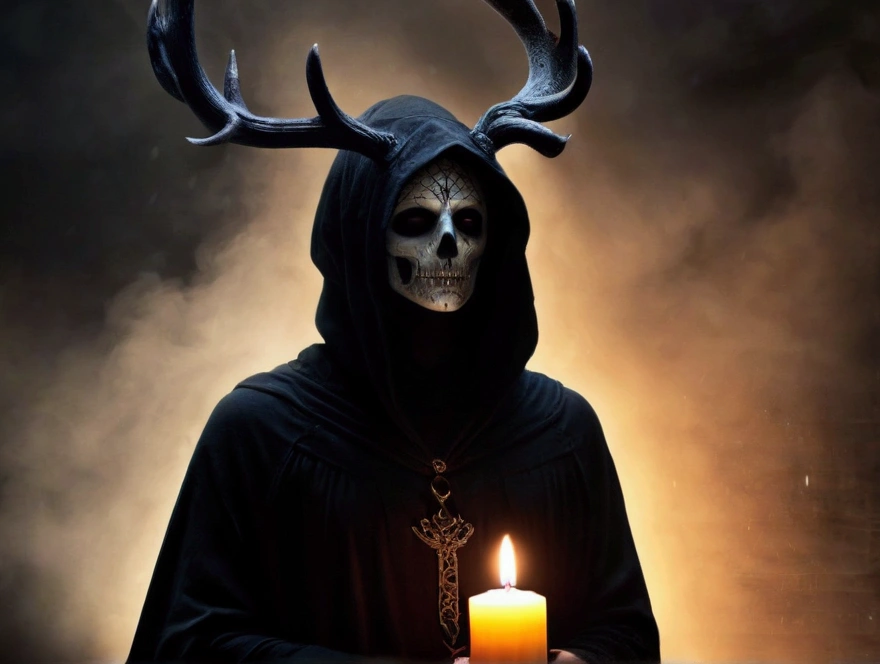 (best quality,4k,8k,highres,masterpiece:1.2),ultra-detailed,(realistic,photorealistic,photo-realistic:1.37),horror,dark,occult,gloomy,color scheme,night time,shadowy,gloomy,ominous atmosphere,A person wearing a deer skull on their head,black robe,candle,burning, flickering light,satanic alter,creepy,dark magic,vivid colors,surrealistic,moonlight,shadows dancing,haunting,spooky aesthetic,ethereal,mysterious figure,ancient ritual,demonic presence,foreboding,menacing,macabre,occult symbols,cryptic writings,mystical,misty atmosphere,pale moonlight,gothic elements,ominous shadows,ghostly,ominous candles,whispering shadows,foreboding darkness,spellbinding,unearthly,unsettling energy,thick darkness,enchanted scenery,total darkness,forbidden rituals,lit by the candlelight,supernatural energies,esoteric knowledge,nightmare-like,hauntingly beautiful,cloaked figure,hooded,mesmerizing,hidden secrets,esoteric meanings,confounding,encrypting,key to the unknown,nightmarish,dark aura,unveiling the shadowy truth,strange and otherworldly,dark glamour,peculiar and eerie ambiance,sinister figure,silent,grim,ancient mysticism,otherworldly presence,ominous atmosphere,casting eerie shadows,dark enchantments,diabolical,cloaked in darkness.