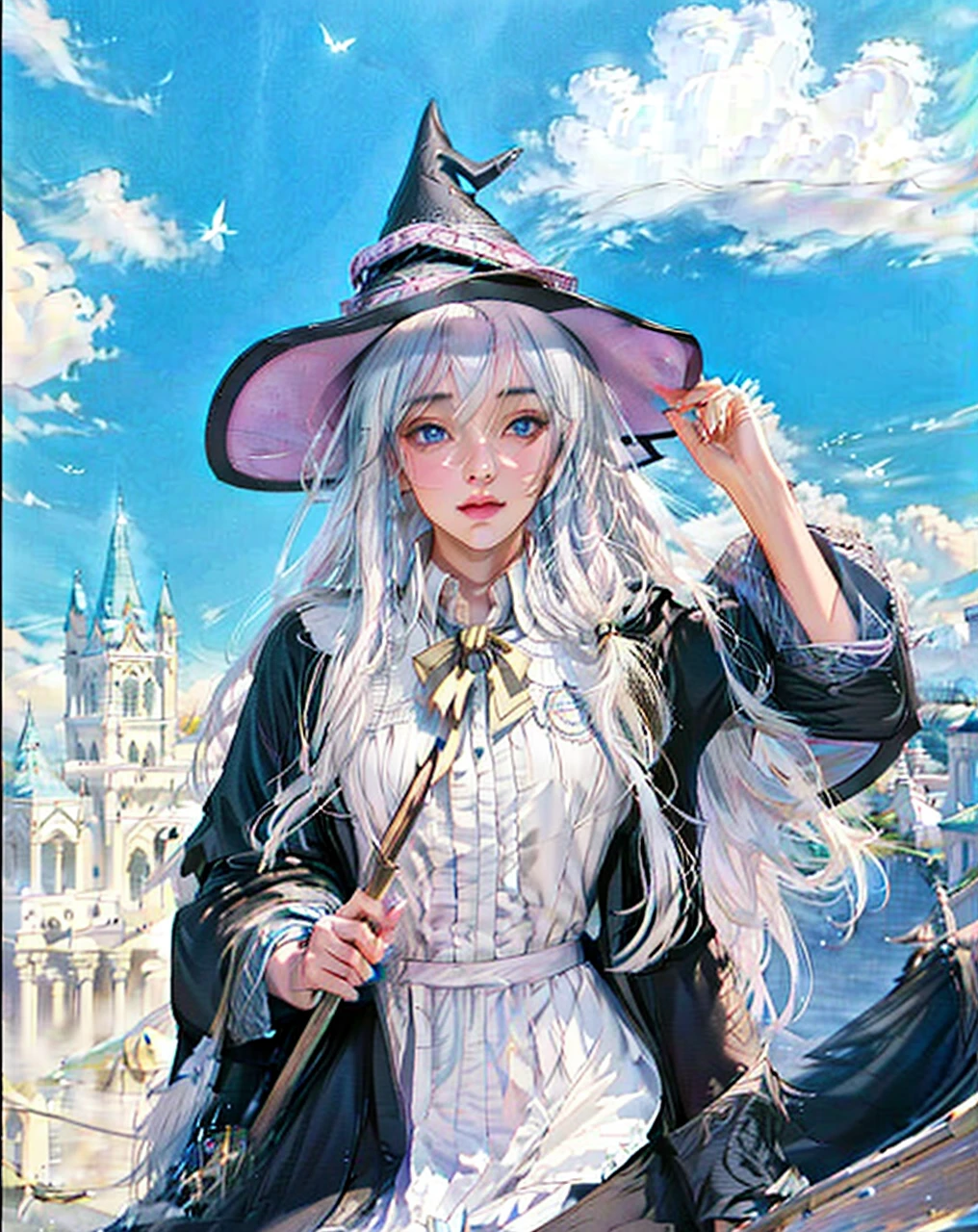 ( WANDERING WITCH: THE JOURNEY OF ELAINA_ELAINA),((realistic, photorealistic)),(highlight hair)), Light reflection, (( HD )),((upper body)), (((best quality, masterpiece))), (masterpiece) (best quality) (detail) (8k) (HDR) (wallpaper) (cinematic lighting) (sharp focuasterpiece, best quality: 1.1), Real life adaption of this character, realistic outfit, realistic shadow, realistic light, realism, hyper realistic, realistic background,realistic hair,(photorealistic:1.2), 1girl,Blue sky cloud background, magic city building, magical girl, witch hat, sitting on a flying broomstick, holding a magic wand, floating white hair,Fly above the clouds
