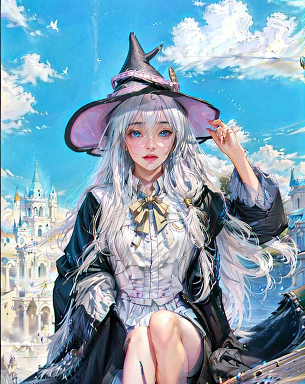 ( WANDERING WITCH: THE JOURNEY OF ELAINA_ELAINA),((realistic, photorealistic)),(highlight hair)), Light reflection, (( HD )),((upper body)), (((best quality, masterpiece))), (masterpiece) (best quality) (detail) (8k) (HDR) (wallpaper) (cinematic lighting) (sharp focuasterpiece, best quality: 1.1), Real life adaption of this character, realistic outfit, realistic shadow, realistic light, realism, hyper realistic, realistic background,realistic hair,(photorealistic:1.2), 1girl,Blue sky cloud background, magic city building, magical girl, witch hat, sitting on a flying broomstick, holding a magic wand, floating white hair,Fly above the clouds