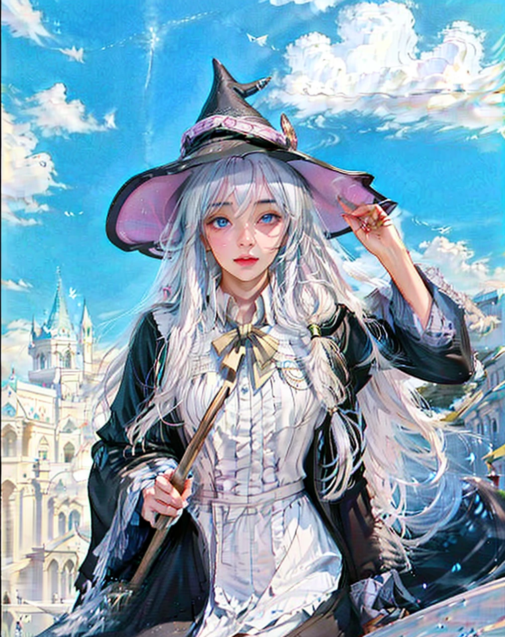 ( WANDERING WITCH: THE JOURNEY OF ELAINA_ELAINA),((realistic, photorealistic)),(highlight hair)), Light reflection, (( HD )),((upper body)), (((best quality, masterpiece))), (masterpiece) (best quality) (detail) (8k) (HDR) (wallpaper) (cinematic lighting) (sharp focuasterpiece, best quality: 1.1), Real life adaption of this character, realistic outfit, realistic shadow, realistic light, realism, hyper realistic, realistic background,realistic hair,(photorealistic:1.2), 1girl,Blue sky cloud background, magic city building, magical girl, witch hat, sitting on a flying broomstick, holding a magic wand, floating white hair,Fly above the clouds