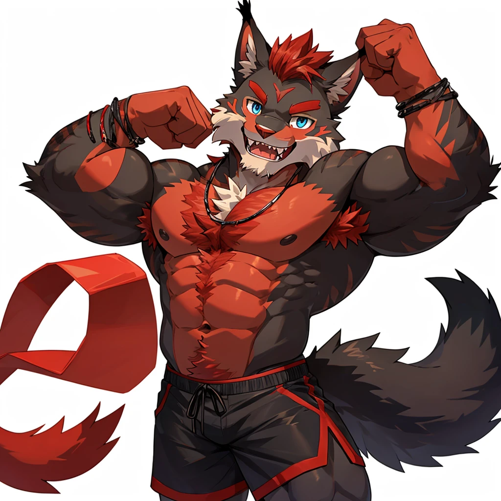 ((Furry lynx cat)), ((chibi)), body fully covered in black fur, ((fully covered in black fur)), ((black fur)), sharp fangs, sharp teeth, summer shorts outfit, cute, blue eyes, red chest hair, red eyebrows, red armpit hair, black nose, black tail, black tail with red tip, red whiskers, happy, smile, correct Anatomy, correct hand, ((white background)), (Acting happy), (hands up), enjoy, ((front view)), full body, y, (flexing), (muscle), black tail, black tail red tail tip, red eyebrows, red chest hair, red armpit hair
