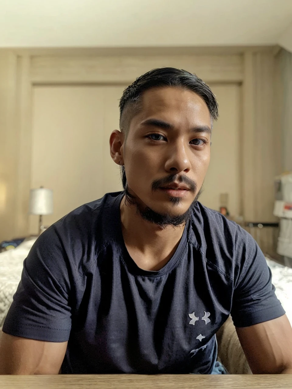 Ji-tae, Yoo Teo., Teen Wolf, 25 years old, short messy white hair, slim muscular build, black eyes, open black shirt, dark blue jeans, black belt, light brown combat boots, silver moon pendant, black misty forest background