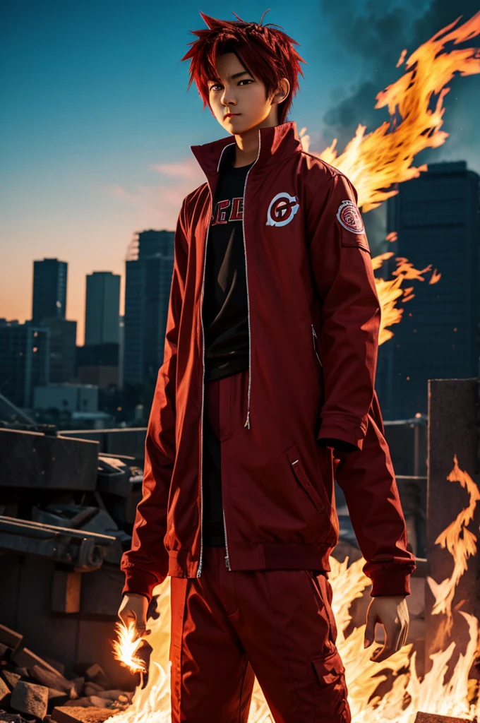 An anime-style age character whose clothes are red and with fire powers
