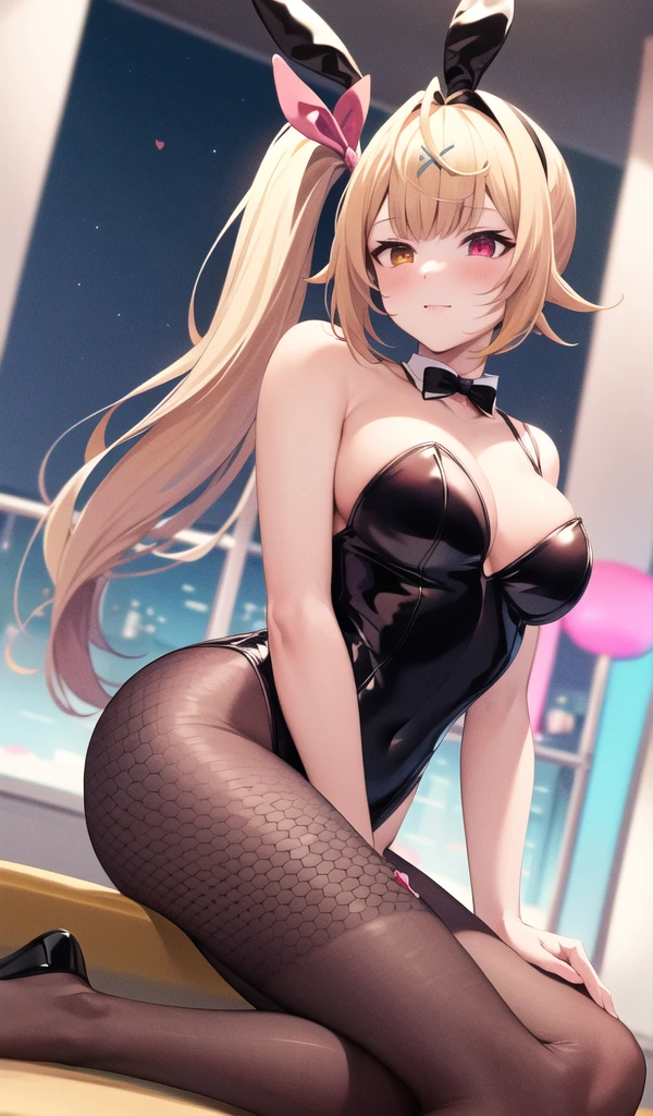 masterpiece, Highest quality, High resolution, HS1, Red eyes, Yellow Eyes, Side Ponytail, x Hair accessories,Pink is good,Hair Ribbon,Black Playboy Bunny, hair band, Bunny ears,Fishnet tights,casino,sit,M-shaped legs,True Face,blush