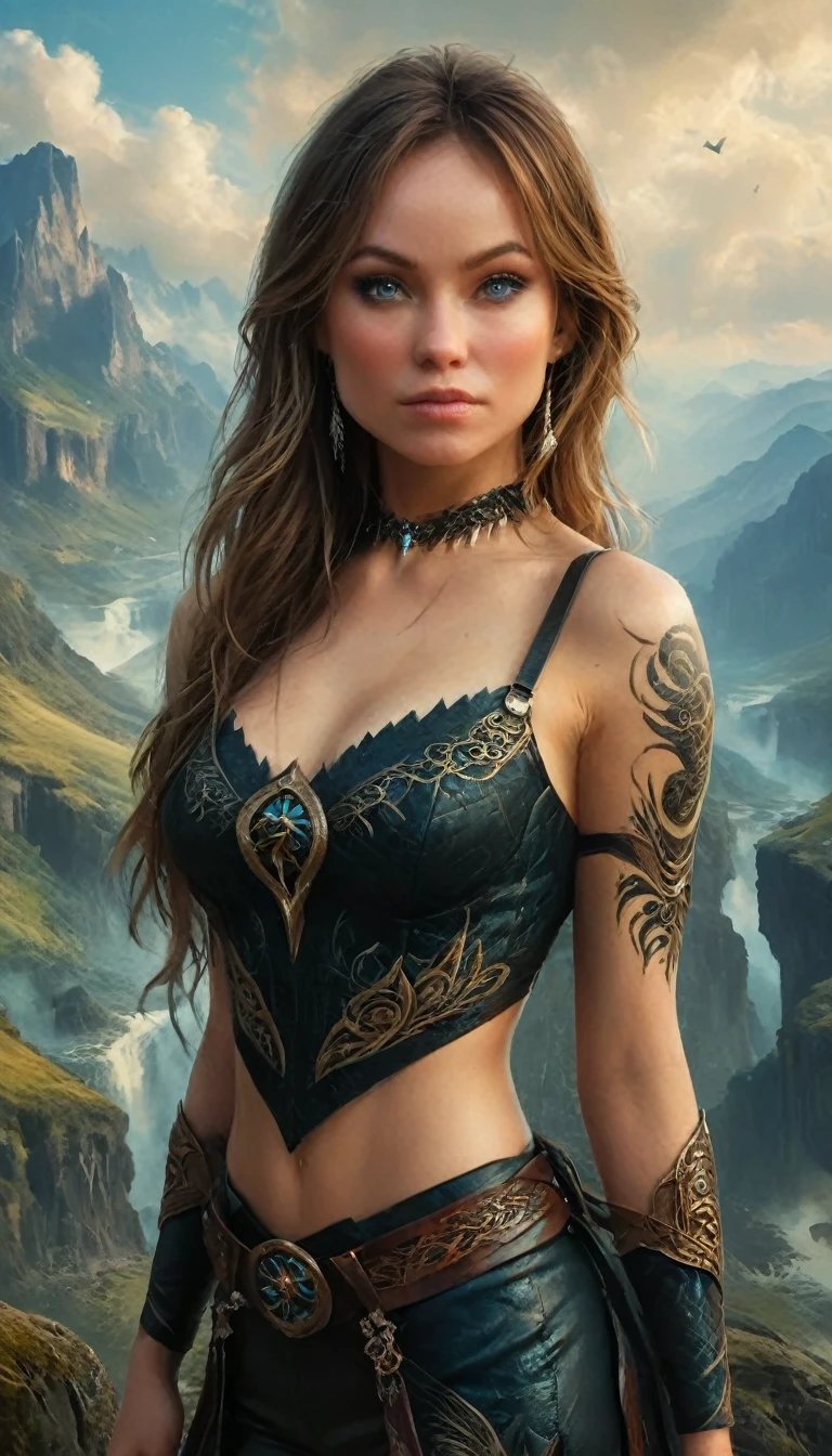 dark fantasy, (realisti, photo-realisti:1.37), (Full body shot:1.4), (ohwx woman), Olivia Wild mit Tribal-Tattoos an Hals und Armen, Fantasy world, Tribal patterns on the tattoos, wearing a fantasy art bra and tight leather pants, holds a long magical spear, immersive fantasy background, rough texture, surreal landscapes, (ethereal beauty:1.1), Supernatural elements, (art, Oil painting:1.3), (Expressionless face:0.9), (Haunting beauty:1.1), (intricate patterns:1.2), (majestic:1.1), (mystical aura:1.1), (Cursed:1.1), (elegant:1.1), (captivating:1.1), (dark shadows:1.1), Subscribe to