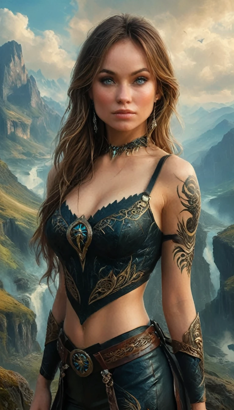 dark fantasy, (realisti, photo-realisti:1.37), (Full body shot:1.4), (ohwx woman), Olivia Wild mit Tribal-Tattoos an Hals und Armen, Fantasy world, Tribal patterns on the tattoos, wearing a fantasy art bra and tight leather pants, holds a long magical spear, immersive fantasy background, rough texture, surreal landscapes, (ethereal beauty:1.1), Supernatural elements, (art, Oil painting:1.3), (Expressionless face:0.9), (Haunting beauty:1.1), (intricate patterns:1.2), (majestic:1.1), (mystical aura:1.1), (Cursed:1.1), (elegant:1.1), (captivating:1.1), (dark shadows:1.1), Subscribe to