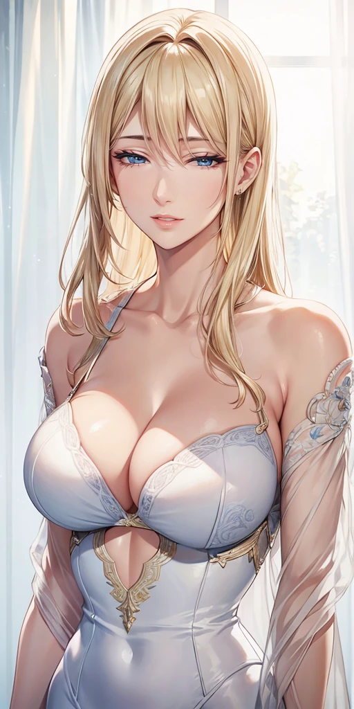 Elegant mature woman, milf, blue eyes, blonde hair, soft light, high detailed, 4k resolution, high quality, beautiful cg
