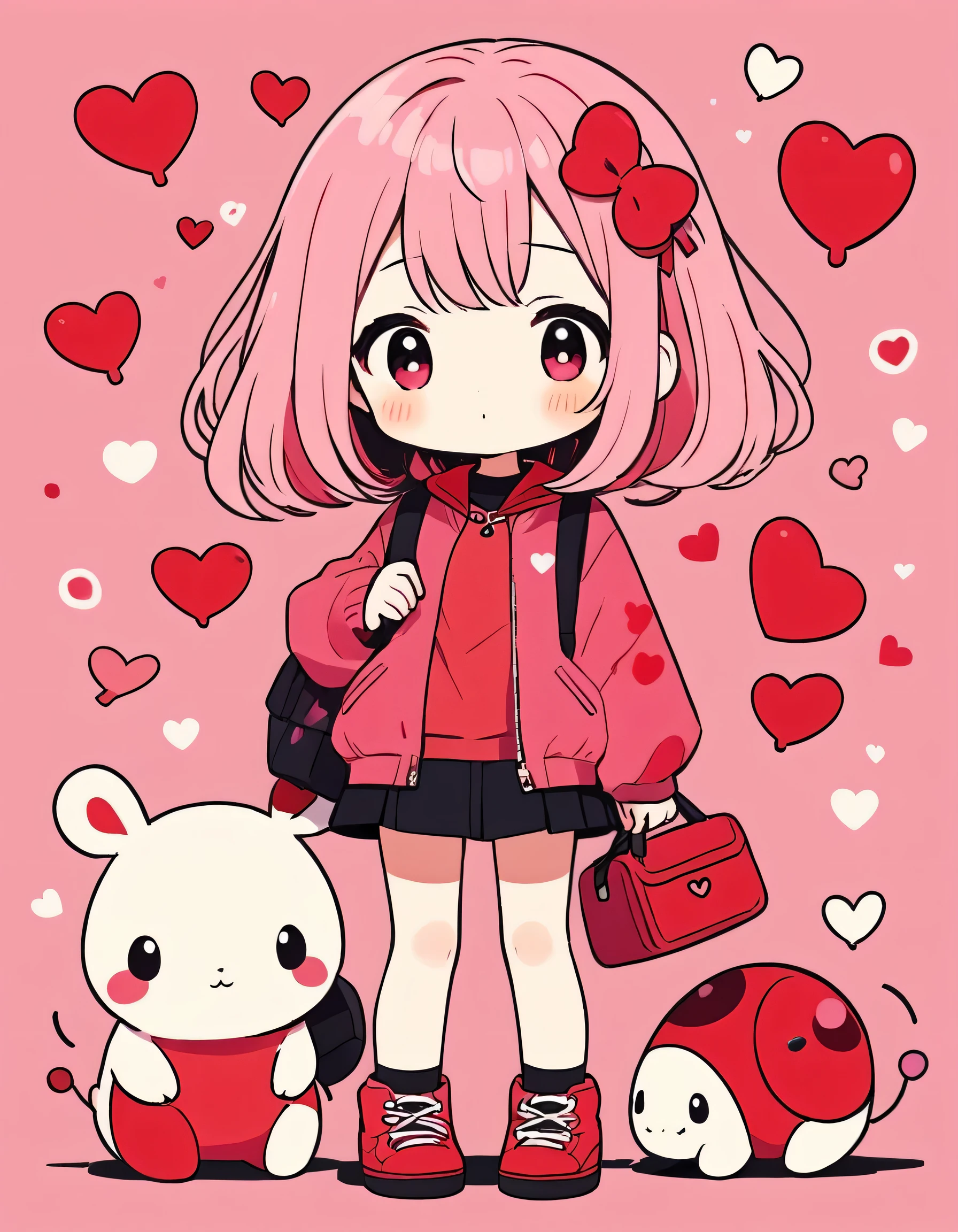 Momoko Sakura pink and Red style, Simple Line Initialism，Abstract art，Kawaii Design, The most beautiful girl of all time、chibi, (((Cute pillbugs))), colorful hearts
