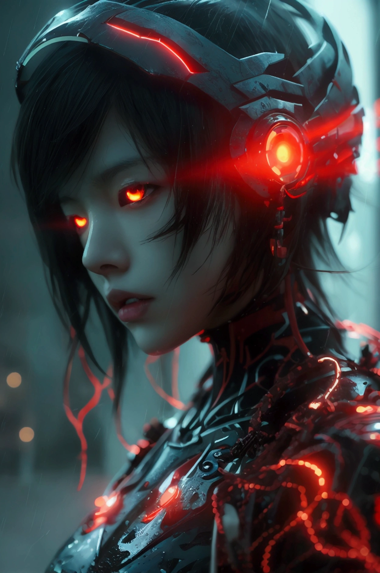 1 Japanese girl, Warframe, Complex patterns, heavy metal, Energy Line, The Faceless, Glowing eyes, elegant, intense, Blood red and black uniforms, Solitary, Modern, City, street, dark clouds, thunderstorm, Heavy rain,, Dramatic Lighting,, (masterpiece:1.2), best quality, high resolution, Beautiful and detailed, Extremely detailed, Perfect lighting,