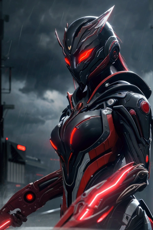 1 Japanese girl, Warframe, Complex patterns, heavy metal, Energy Line, The Faceless, Glowing eyes, elegant, intense, Blood red and black uniforms, Solitary, Modern, City, street, dark clouds, thunderstorm, Heavy rain,, Dramatic Lighting,, (masterpiece:1.2), best quality, high resolution,   Beautiful and detailed, Extremely detailed, Perfect lighting,