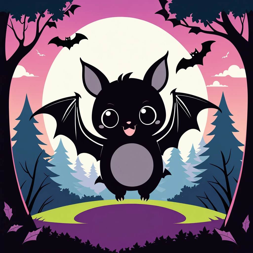 cute bat, illustration, vector graphics, strong contours, forest background
