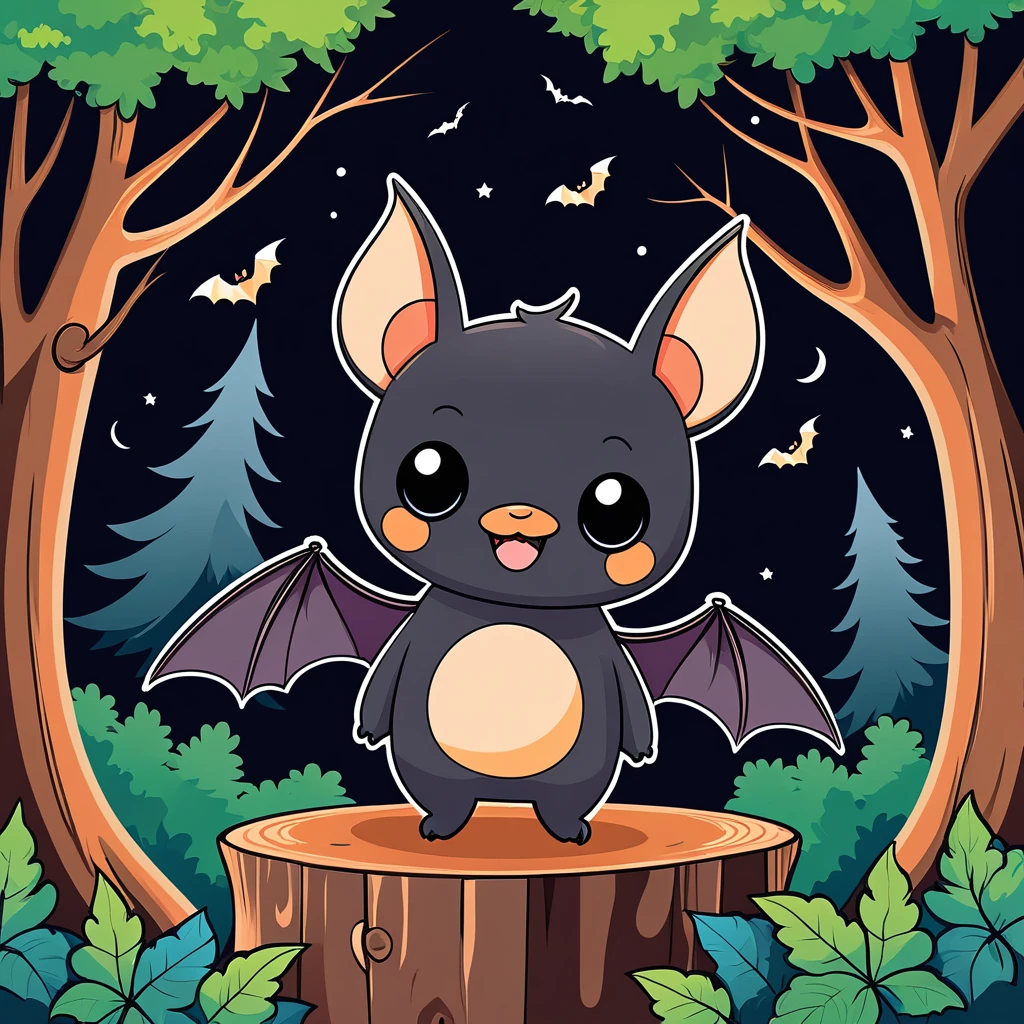 cute bat, illustration, vector graphics, strong contours, forest background
