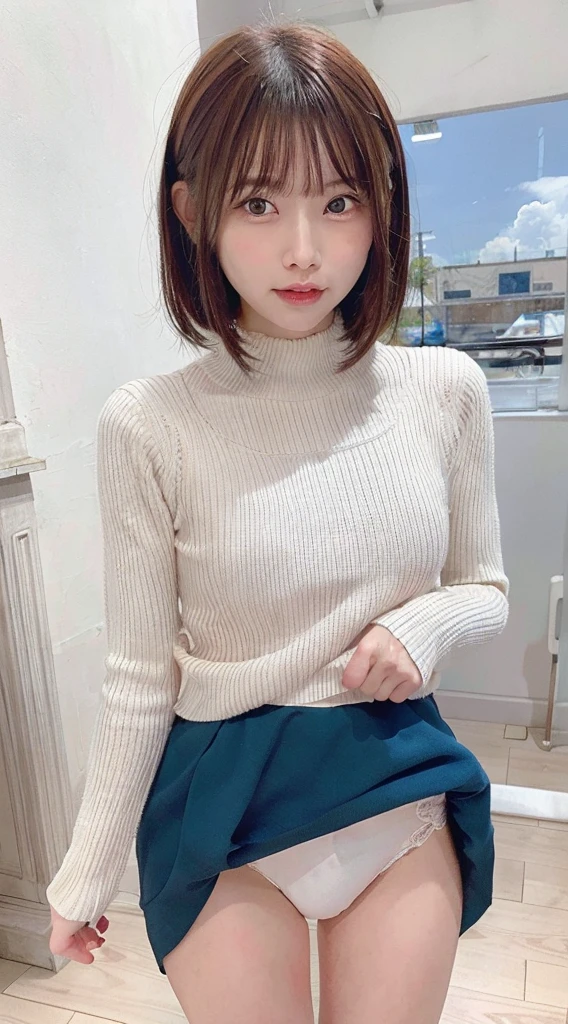 the Extremely Detailed CG Unity 8K Wallpapers、top-quality、ultra-detailliert、masterpiece、realisitic、Photo Real、Very detailed cute lady、20yr old、、((skirt lift by yourself)))、(Lifted by yourself)、White Ecchi Panties、panties focus、red blush、cparted lips、looking at the viewers、Semi-body shot、(Large crowds)、(Crowded museums)、Short bob cut、Point your body at the camera