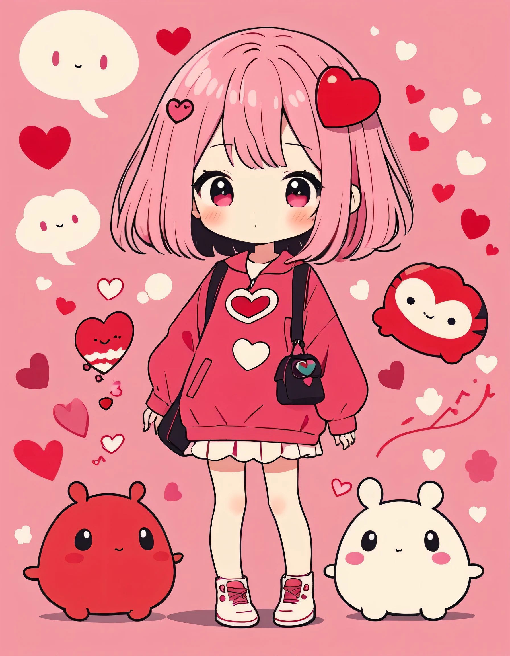Momoko Sakura pink and Red style, Simple Line Initialism，Abstract art，Kawaii Design, The most beautiful girl of all time、chibi, (((Cute pillbugs))), colorful hearts