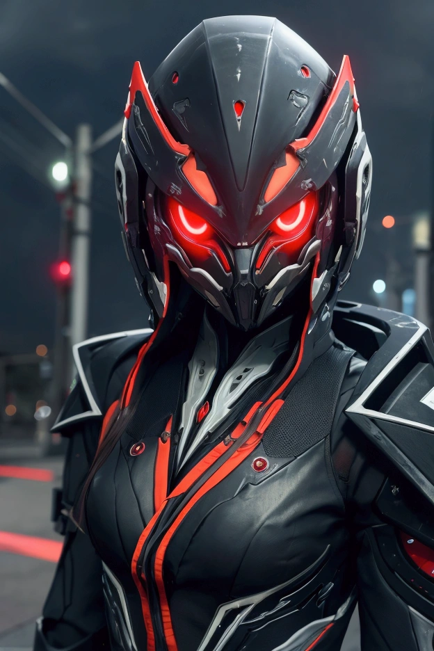 Original, masterpiece, best quality, a cyborg woman in a green circle illuminates cyberhelmet with orange ears, with orange jacket, big breasts, futuristic cyberpunk city, rainy night, on the street