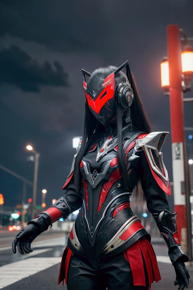 1 Japanese girl, Warframe, Complex patterns, heavy metal, Energy Line, The Faceless, Glowing eyes, elegant, intense, Blood red and black uniforms, Solitary, Modern, City, street, dark clouds, thunderstorm, Heavy rain,, Dramatic Lighting,, (masterpiece:1.2), best quality, high resolution,   Beautiful and detailed, Extremely detailed, Perfect lighting,