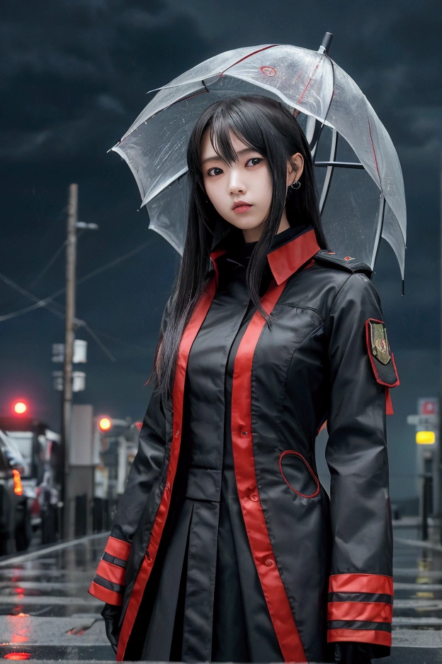 1 Japanese girl, Warframe, Complex patterns, heavy metal, Energy Line, The Faceless, Glowing eyes, elegant, intense, Blood red and black uniforms, Solitary, Modern, City, street, dark clouds, thunderstorm, Heavy rain,, Dramatic Lighting,, (masterpiece:1.2), best quality, high resolution,   Beautiful and detailed, Extremely detailed, Perfect lighting,