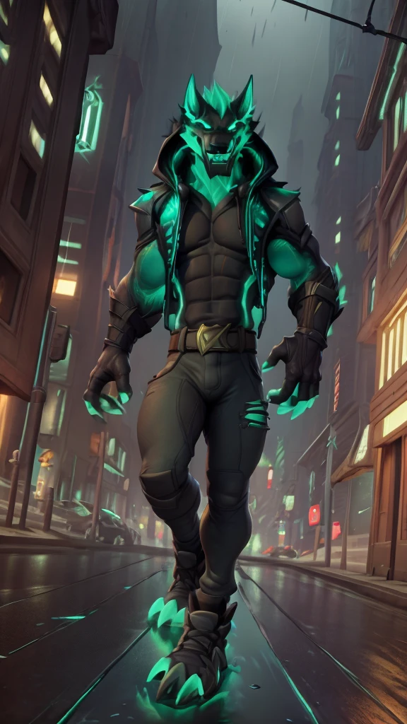 hi res, photorealistic, cinema, digital art, roadsides + asphalt + big city, (rain drop:1.2),rain, detail background, bright lighting, foot splash on a puddle of rain, low angle, (front view:0.9), solo, male, cerberus-fortnite and, fit body, kind eyes, detailed eyes,anthro black joggers pants, teal unbuttoned (hoodie:1.2), t-short, teal black (sneakers:1.2), black (teal:0.6) (gloves:1.2), wired headphones, the wire from the earphone, smile, self-confident, sitting, bent knees, photo poses, by null_ghost, by nawka, by w4g4, by voidlesky, by lost-paw, by warden006, by tattoorexy,