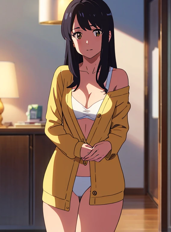 shinkai makoto, kimi no na wa., 1girl, bangs, black hair, brown eyes, twisted half up, red ribbon, long hair, long sleeve light yellow cardigan, offs shoulder cardigan, open shirt, yellow shirt, cleavage, breast, medium breast, Orange shirt, bottomless, white panties, sexy pose, arms up, looking at the viewer, indoors, bedroom,masterpiece, perfect anatomy, cowboyshot, POV (POV boy's hands holding girl's chest POV)
